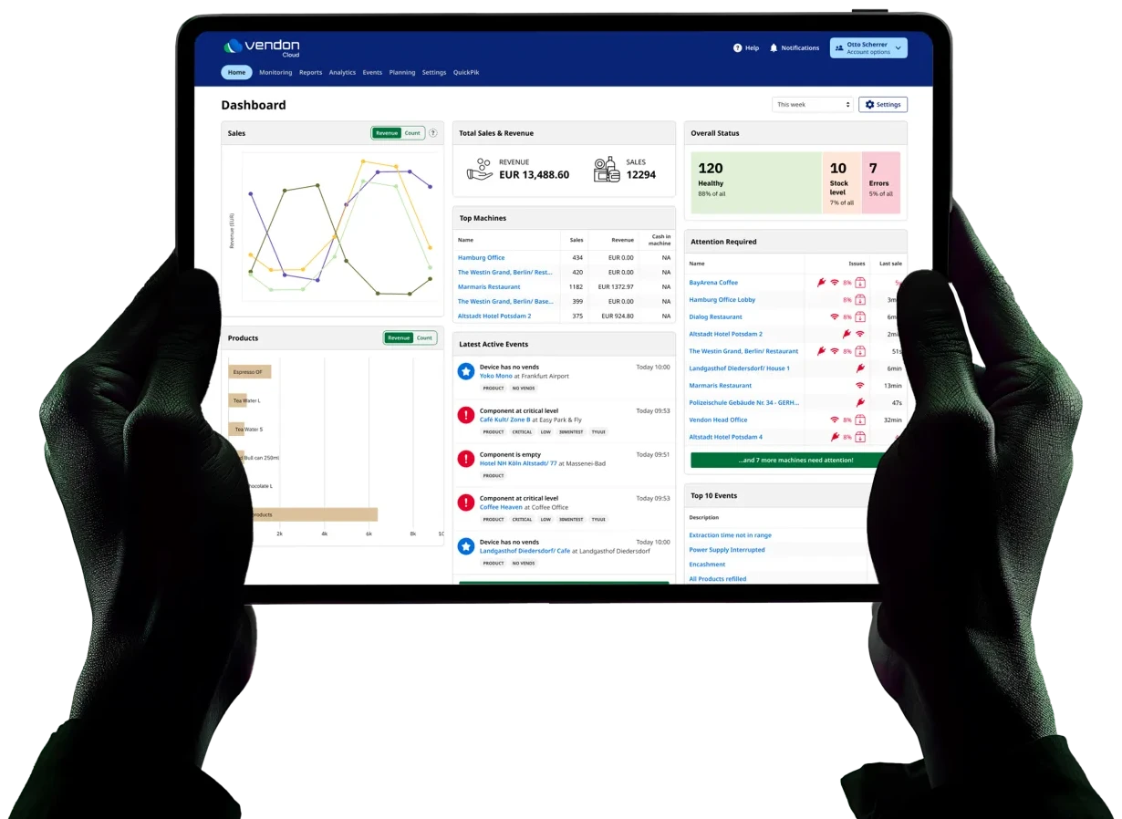 The Vendon Cloud dashboard showing machine telemetry and sales reporting