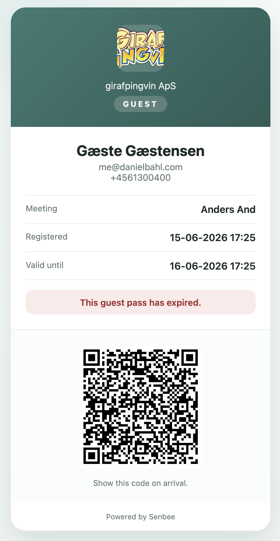 Digital Senbee guest pass on a visitor's phone