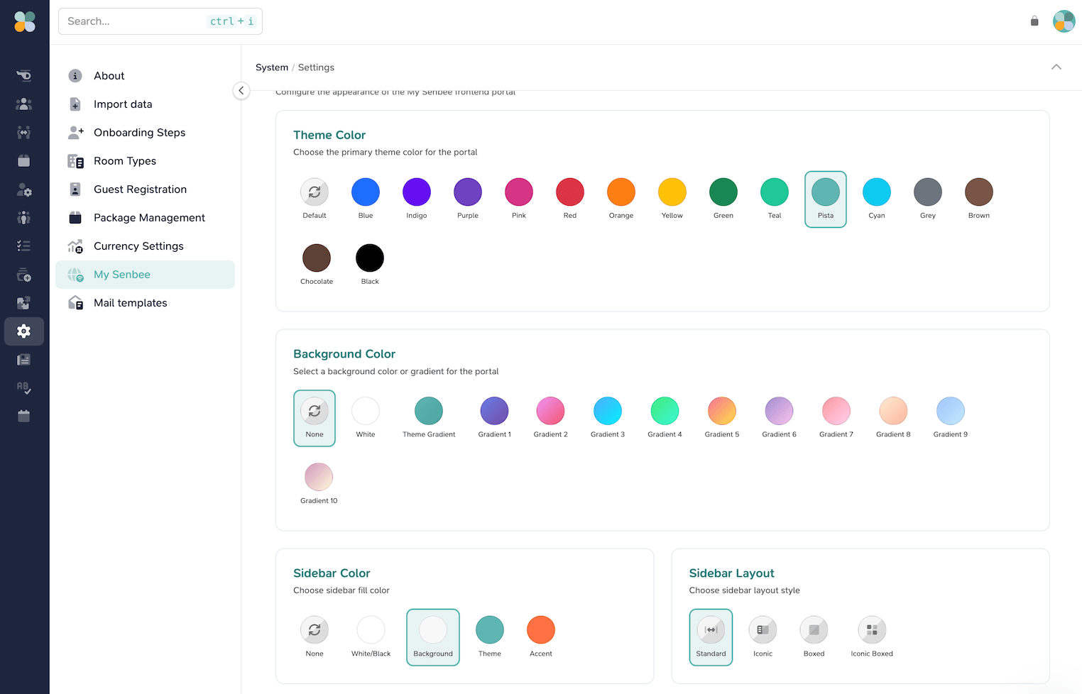 MySenbee appearance settings with theme, background, and sidebar options